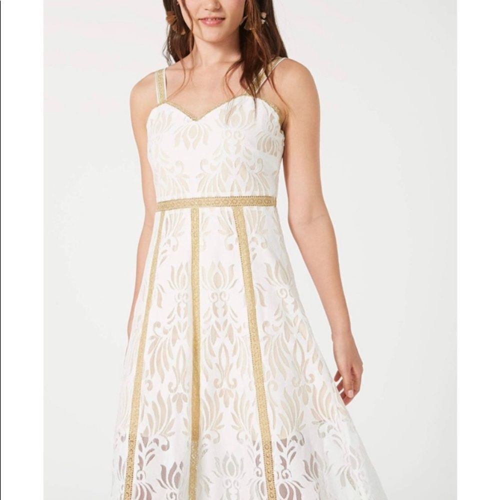 Anthropologie Foxidox size Small White Gold Lace Maxi Dress with side zip